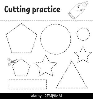 Schneideübung für Kinder. Arbeitsblatt zur Entwicklung von Schulungen. Aktivitätsseite mit Bildern. Spiel für Kinder. Isolierte Vektordarstellung. Komischer Charakter Stock Vektor