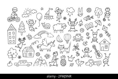 Eine Reihe von untergeordneten Zeichnungen. Kinderkritzel. Sonne in den Wolken, Sommerblumen, bemalte Häuser, niedliche Katze und andere schwarz-weiße Elemente. Vektor Stock Vektor