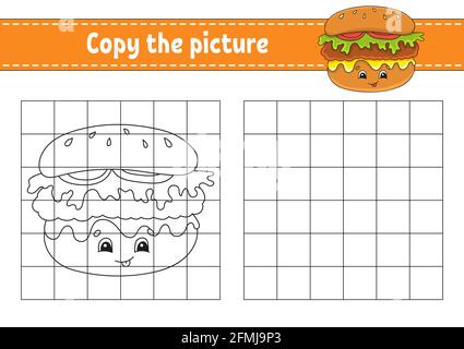 Kopieren Sie das Bild. Malbuch-Seiten für Kinder. Arbeitsblatt zur Entwicklung von Schulungen. Spiel für Kinder. Handschriftverfahren. Zeichentrickfigur. Stock Vektor