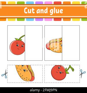 Schneiden und spielen. Papier Spiel mit Kleber. Flash-Karten. Arbeitsblatt zum Bildungswesen. Aktivitätsseite. Witziger Charakter. Isolierte Vektordarstellung. Cartoon-Stil. Stock Vektor