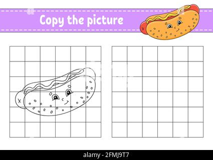 Kopieren Sie das Bild. Malbuch-Seiten für Kinder. Arbeitsblatt zur Entwicklung von Schulungen. Spiel für Kinder. Handschriftverfahren. Zeichentrickfigur. Stock Vektor