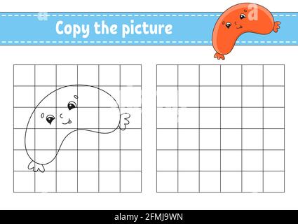 Kopieren Sie das Bild. Malbuch-Seiten für Kinder. Arbeitsblatt zur Entwicklung von Schulungen. Spiel für Kinder. Handschriftverfahren. Zeichentrickfigur. Stock Vektor