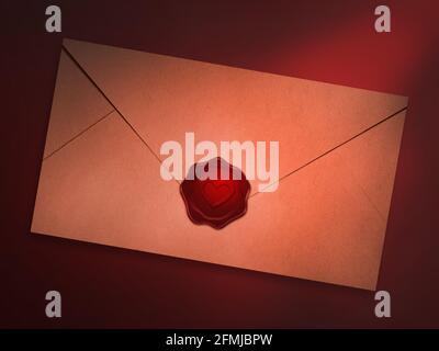 3D-Rendering des mit rotem Wachs versiegelten Liebesbriefumschlags Siegel mit Herz-Symbol-Stempel Stockfoto