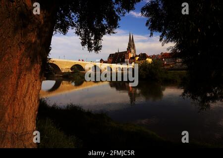 Regensburg mit Dom und Donau und Steinerner Brücke Stockfoto