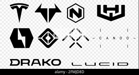 Vinnytsia, Ukraine - 21. April 2021: Set von American Electric Car Brands. Tesla, Lucid, Faraday Future, Brammo, Rivian, Lordstown, Arbeitstier, Nikola, Stock Vektor