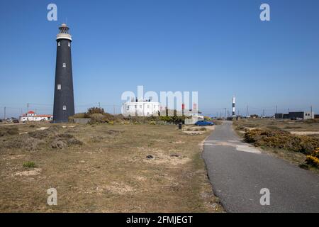 Der alte Leuchtturm in Dungeness kent Stockfoto