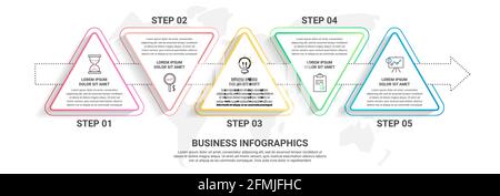 Vektor 5 Schritt-Infografiken aus Dreiecken mit Pfeilen. Timeline-Konzept für Diagramm, Ebenen, Web, Diagramm, Banner, Präsentationen und Business. Stock Vektor