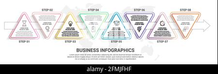 Vektor 8 Schritt-Infografiken aus Dreiecken mit Pfeilen. Timeline-Konzept für Diagramm, Ebenen, Web, Diagramm, Banner, Präsentationen und Business. Stock Vektor