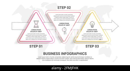 Vektor 3 Schritt-Infografiken aus Dreiecken mit Pfeilen. Timeline-Konzept für Diagramm, Ebenen, Web, Diagramm, Banner, Präsentationen und Business. Stock Vektor