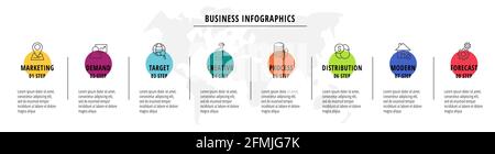 Flow Infografiken oder Zeitleiste acht Kreise Karten durch Pfeile verbunden. Geschäftskonzept mit 8 Schritten. Designvorlage für Flussdiagramm, Inhalt, Ebenen Stock Vektor