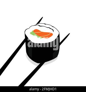 Essstäbchen mit Sushi-Rolle. Essstäbchen aus Holz und Sushi-Rolle isoliert auf weißem Hintergrund. Vektorgrafik. Stock Vektor