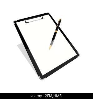 Schwarze Zwischenablage mit leerem weißen Blatt und Stift, der Notizen auf der Zwischenablage abgibt. Isoliert auf weißem Hintergrund. Vektor Stock Vektor