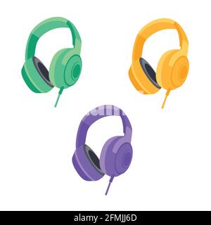 Farbiger Kopfhörer auf weißem Hintergrund isoliert. Musik hören Konzept. Vektor Stock Vektor