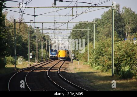 SNG-Sprinter und ICM koploper fahren auf der Eisenbahnstrecke an Wezep in den Niederlanden Stockfoto