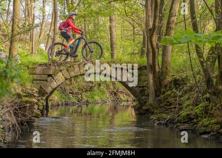 Nette aktive ältere Frau, die im Frühjahr ihr elektrisches Mountainbike entlang des kleinen Flusses Glems bei Stuttgart, Baden-Württemberg, Deutschland, fährt Stockfoto