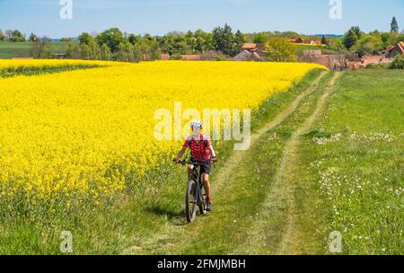 Nette und verbliebene junge ältere Frau auf dem Elektro-Mountainbike in einer Frühlingslandschaft zwischen Rapsfeldern im Kraichgau bei Zaberfeld, Bad Stockfoto