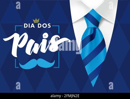 Glückskarte zum Vatertag in portugiesischen Worten - Dia Dos Pais, mit blau gestreiftem Krawatte. Promotion und Shopping-Vorlage für Vatertag für Papa auf blau Stock Vektor