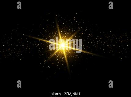 Abstrakt stilvoller Lichteffekt auf schwarzem Hintergrund. Goldener, leuchtender Staub und Glare. Blitzlicht. Leuchtende Spur. Stock Vektor
