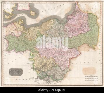 Historische Kupferstich-Landkarte von Preußen aus dem 19. Jahrhundert. Alle Karten sind wunderschön farbig und illustriert und zeigen die Welt zu dieser Zeit. Stockfoto