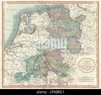 Kupferstich-Kupferstich-Landkarte von Deutschland aus dem 19. Jahrhundert. Alle Karten sind wunderschön farbig und illustriert und zeigen die Welt zu dieser Zeit. Stockfoto