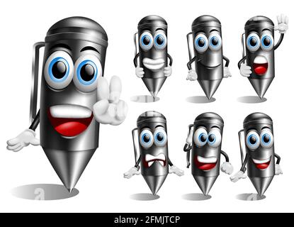 Kugelschreiber-Vektor-Zeichensatz. Kugelschreiber 3d-Figuren mit Pose und Gesten wie Frieden Hand Zeichen, stoppen und stehen für Schüler Bildung. Stock Vektor