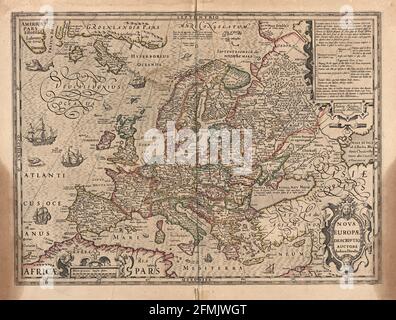 Historische Kupferstich-Landkarte von Europa aus dem 17. Jahrhundert. Alle Karten sind wunderschön farbig und illustriert und zeigen die Welt zu dieser Zeit. Stockfoto