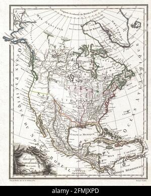 Kupferstich-Landkarte von Nordamerika aus dem 19. Jahrhundert. Alle Karten sind wunderschön farbig und illustriert und zeigen die Welt zu dieser Zeit. Stockfoto