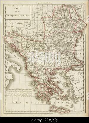 Historische Kupferstich-Landkarte von Turky in Europa aus dem 19. Jahrhundert. Alle Karten sind wunderschön farbig und illustriert und zeigen die Welt zu dieser Zeit. Stockfoto