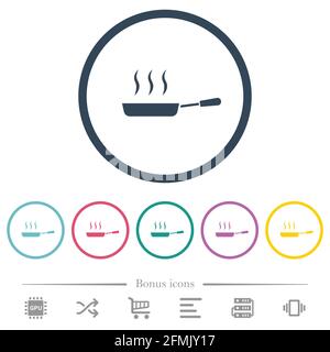 Seitenansicht der Dampfgarpfanne flache Farbsymbole in runden Umrissen. 6 Bonus-Symbole enthalten. Stock Vektor