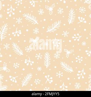 Vektor nahtloses Muster mit handgezeichneten Fichtenzweigen, Holly, Beeren und Schneeflocken. Niedliches Design für Weihnachtsverpackungen, Textilien und Hintergründe Stockfoto