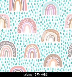 Vektor nahtloses Muster mit handgezeichneten niedlichen Regenbögen und Regen. Design für Kinder Textil, Dekoration, Tapete, Papeterie. Stockfoto