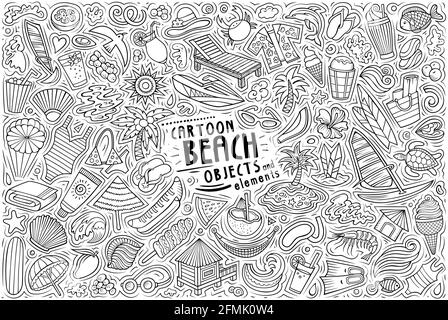 Vektor Hand gezeichnete Doodle Cartoon Satz von Sommer Strand Thema Artikel, Objekte und Symbole Stock Vektor