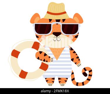 Niedlicher Tiger. Beach guy - Lustige gestreifte Charakter am Strand in Sonnenbrille, Hut, Badeanzug und Rettungsring in einer Pfote. Vektorgrafik. Für das Design Stock Vektor