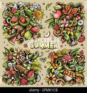 Sommer Natur Cartoon Vektor Doodle Designs Set. Farbenfrohe, detailreiche Kompositionen mit vielen Naturobjekten und Symbolen. Alle Elemente sind getrennt Stock Vektor