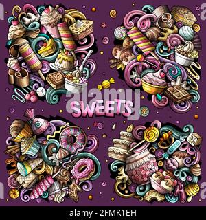 Sweet Food Cartoon Vektor Doodle Designs Set. Farbenfrohe, detailreiche Kompositionen mit vielen Desserts, Objekten und Symbolen. Alle Elemente sind getrennt Stock Vektor