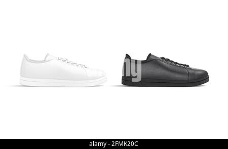 Blanke Sneakers aus schwarzem und weißem Leder mit Lace Mockup, isoliertem 3D-Rendering. Leere Freizeitschuhe mit Gummisohle im Nachbau. Klare Federschuhe für Stockfoto