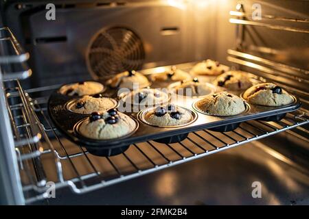 Muffins beim Backen im Backofen mit Heidelbeeren und Backlight Stockfoto