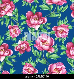 Nahtlose Vintage-Blumenmuster mit blühenden rosa Pfingstrosen auf dunkelblauem Hintergrund. Eleganz Aquarell handgezeichnete Malerei Illustration. Isoliert. Stockfoto