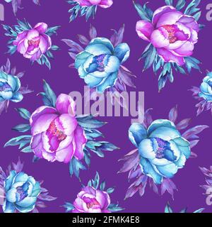 Florales nahtloses Muster mit blühenden rosa und blauen Pfingstrosen auf dunkelviolettem Hintergrund. Aquarell handgezeichnete Malerei Illustration. Pop-Art-Stil Stockfoto