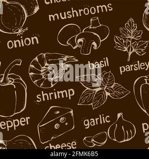 Vector Set von Zutaten für Pizza, Tomaten, Käse, Pfeffer, Basilikum, Zwiebeln, Garnelen, Pilze, Schinken, Knoblauch, Oliven, Fleisch auf einem braunen Backgrou isoliert Stock Vektor