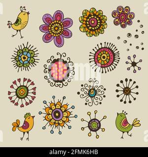 Blumen-Doodle Design-Elemente, Vektor handgezeichnete florale Kollektion Stock Vektor