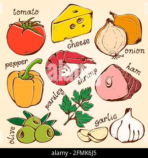 Vector Set von Zutaten für Pizza, Tomaten, Käse, Pfeffer, Basilikum, Zwiebeln, Garnelen, Pilze, Schinken, Knoblauch, Oliven, Fleisch Hintergrund Stock Vektor