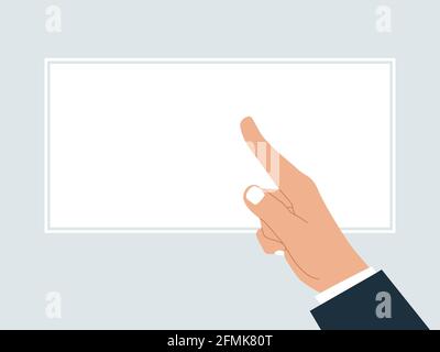 Vektordarstellung einer Hand, die mit dem Finger auf ein leeres Poster oder eine Vorlage zeigt. Geschäftskonzept Stock Vektor