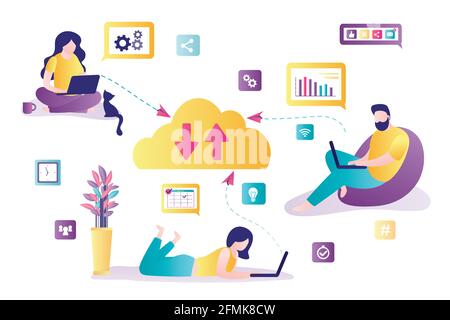 Cloud-Datenspeicher. Gruppe von Geschäftsleuten, die online arbeiten. Laden Sie Daten und Informationen über das Internet herunter und laden Sie sie hoch. Cloud-Computing-Konzept. Remote-Arbeit. Stock Vektor