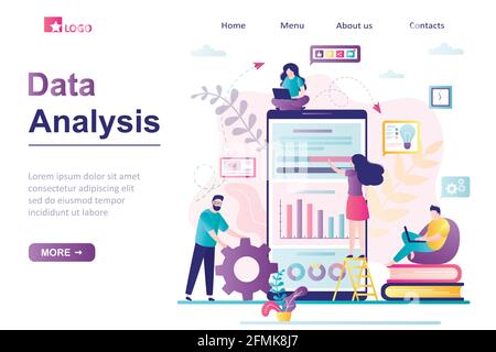Vorlage für die Landing Page für die Datenanalyse. Management-App, Beratung oder Geschäftsprojekt. Verschiedene Analysen, Teamarbeit. Online mobile Datenanalyse von Socia Stock Vektor