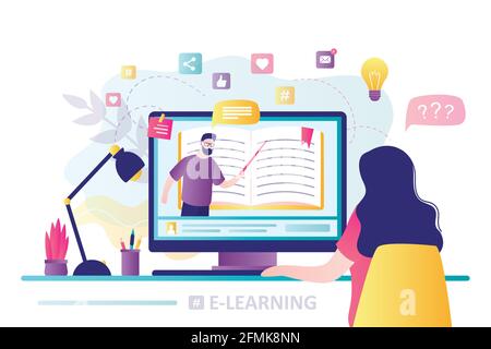 E-Learning-Banner. Online-Bildung, Home Schooling. Moderner Arbeitsplatz, Mann Lehrer auf Laptop-Bildschirm, Frau, die Online-Kurs. Webkurse oder Tuto Stock Vektor