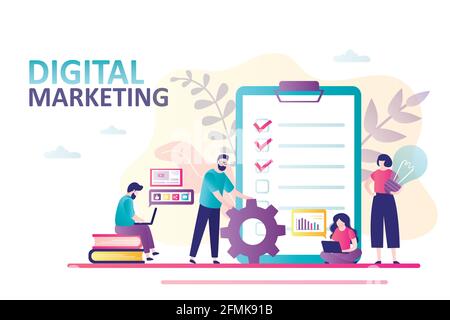 Vorlage für die Landing Page für digitales Marketing. Werbung und SEO. Entwicklung von Geschäftsplans, Inhaltsstrategie und Zeitmanagement. Teamarbeit, Gruppe von variou Stock Vektor
