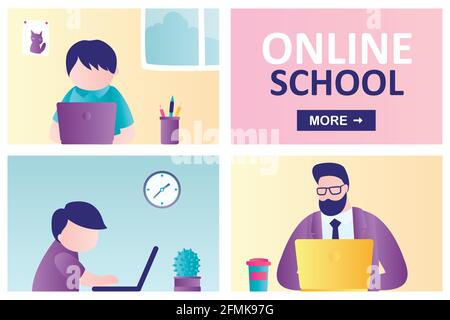 Vorlage für die Landing Page der Online-Schule. Kinder bleiben zu Hause und am Computer verlobt. Männlicher Lehrer oder Tutor Fernlehrende Kinder. Schuljungen beobachten weiter Stock Vektor