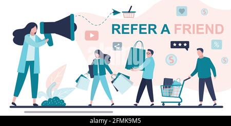 Empfehlungsmarketing-Konzept. Sprecherin nutzt Megaphon, um neue Kunden oder Partner zu gewinnen. Empfehlen Sie ein Banner für Freunde. Einkaufen und Konsumdenken. Gro Stock Vektor