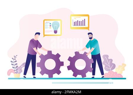 Teamarbeit, Brainstorming-Konzept. Neues Projekt, Büroarbeit. Zwei Büroangestellte bewegen große Gänge. Männliche Mitarbeiter entwickeln neue Ideen und Pläne. Geschäftsleute Stock Vektor